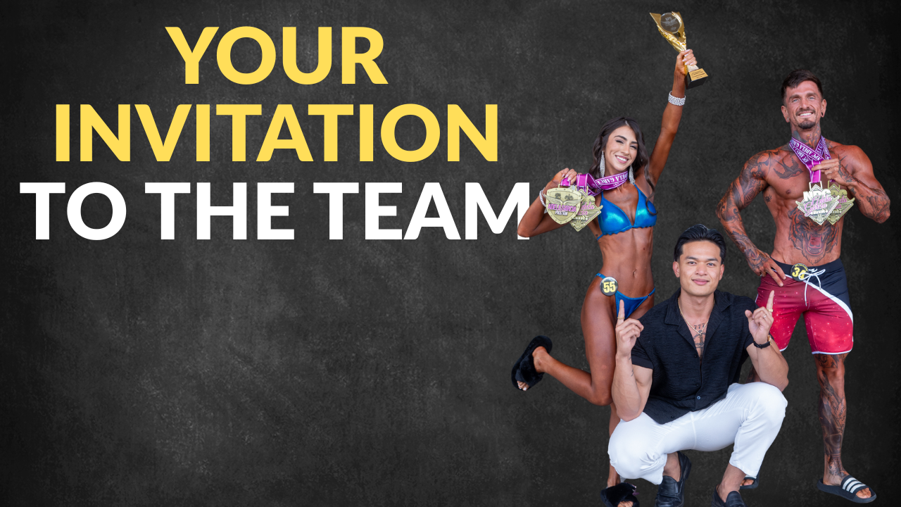 Aesthetic Dream team invitation featuring competitive physique athletes and the founder